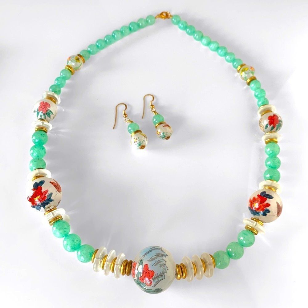 Chinese Reverse Painted Aventurine Bead Necklace Set